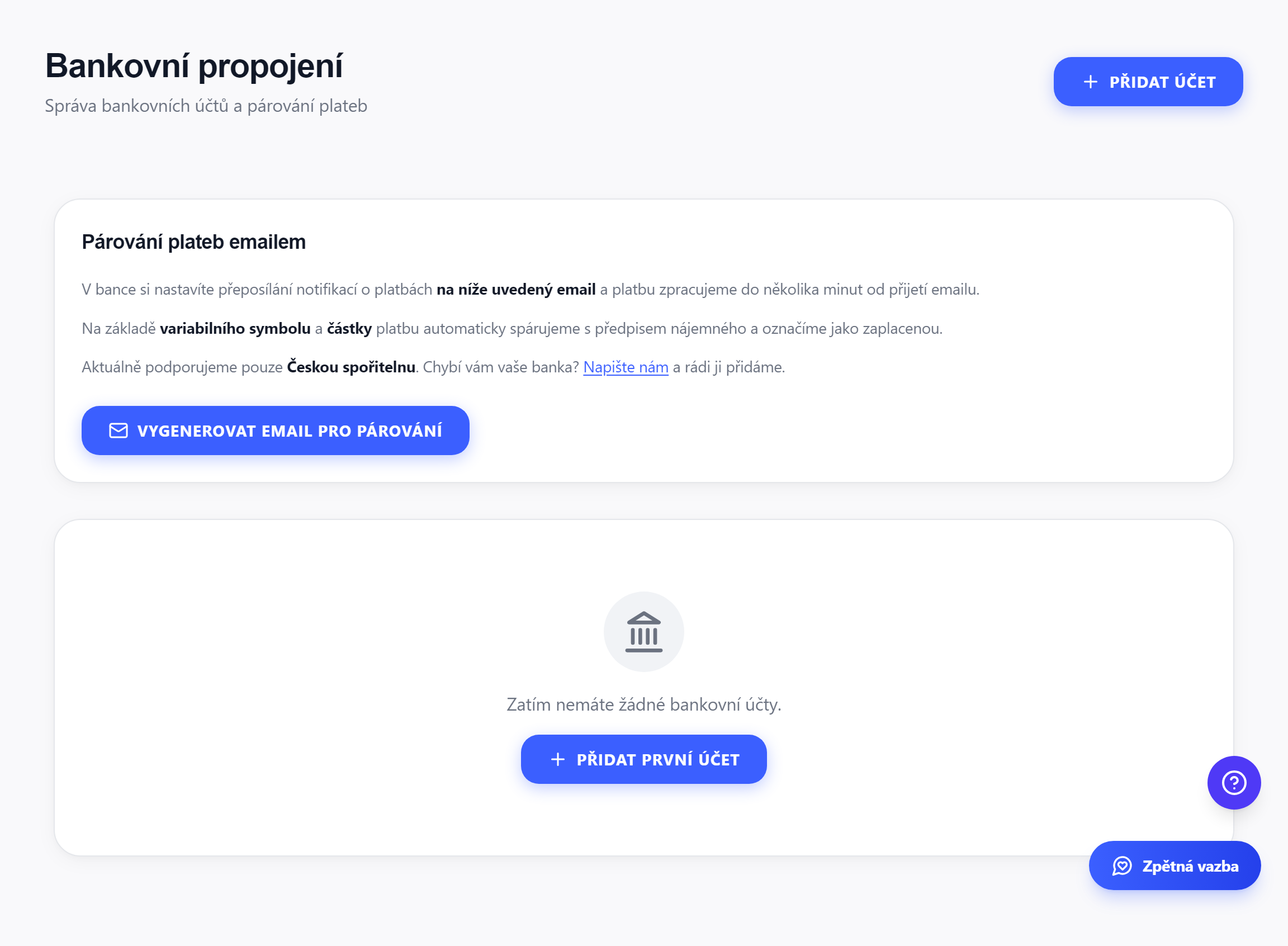 Zobrazí se přehled s kartou pro párování e-mailem, statistikami a kartami účtů.